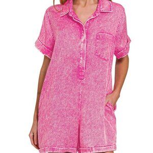 Zenana Tencel Mineral Washed Button down T-shirt collared romper w pockets Pink